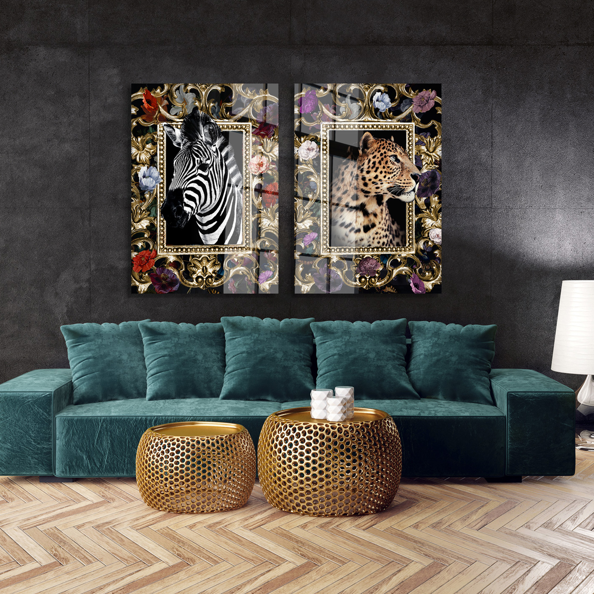 Zebra with flowers op glas 70x100