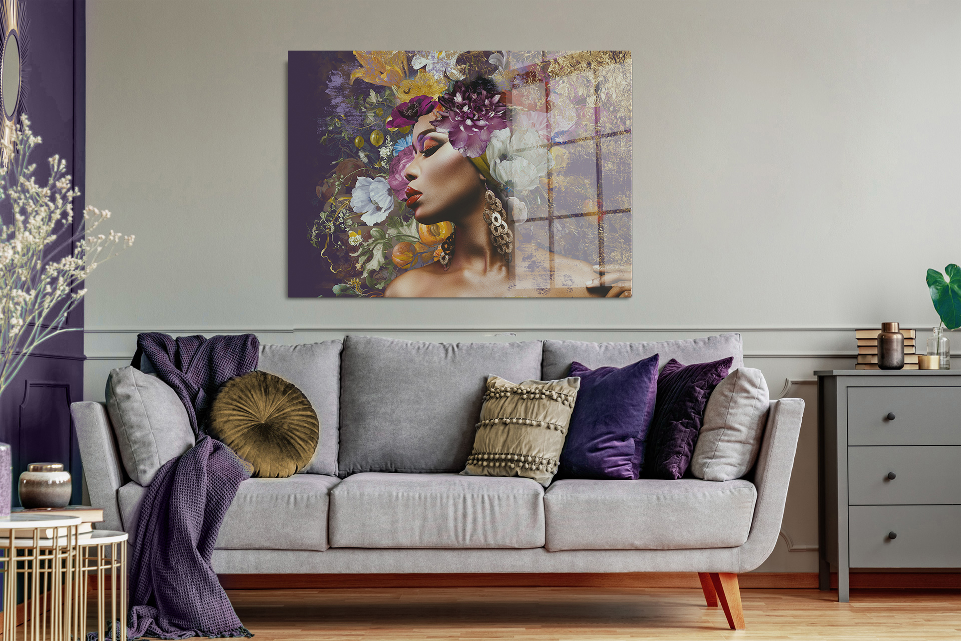 Woman with flowers II great op glas 70x100