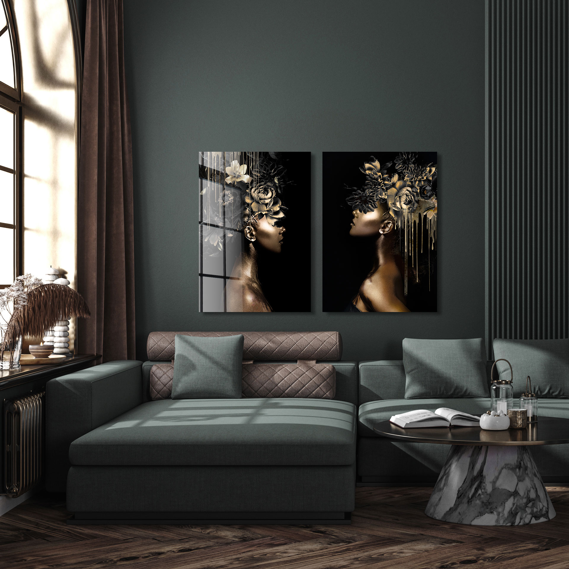 Black gold woman I op glas 70x100