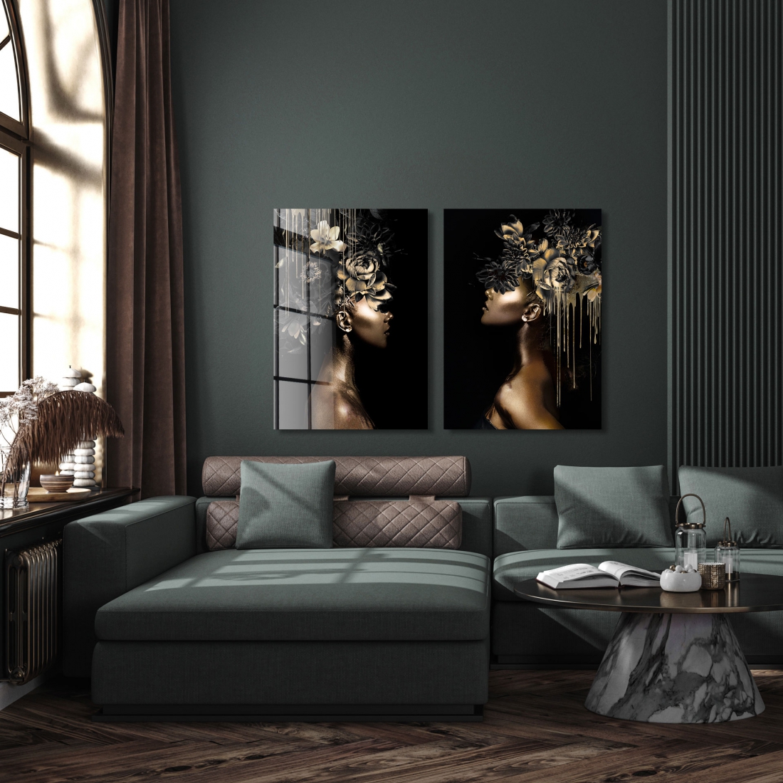 Black gold woman I op glas 80x120