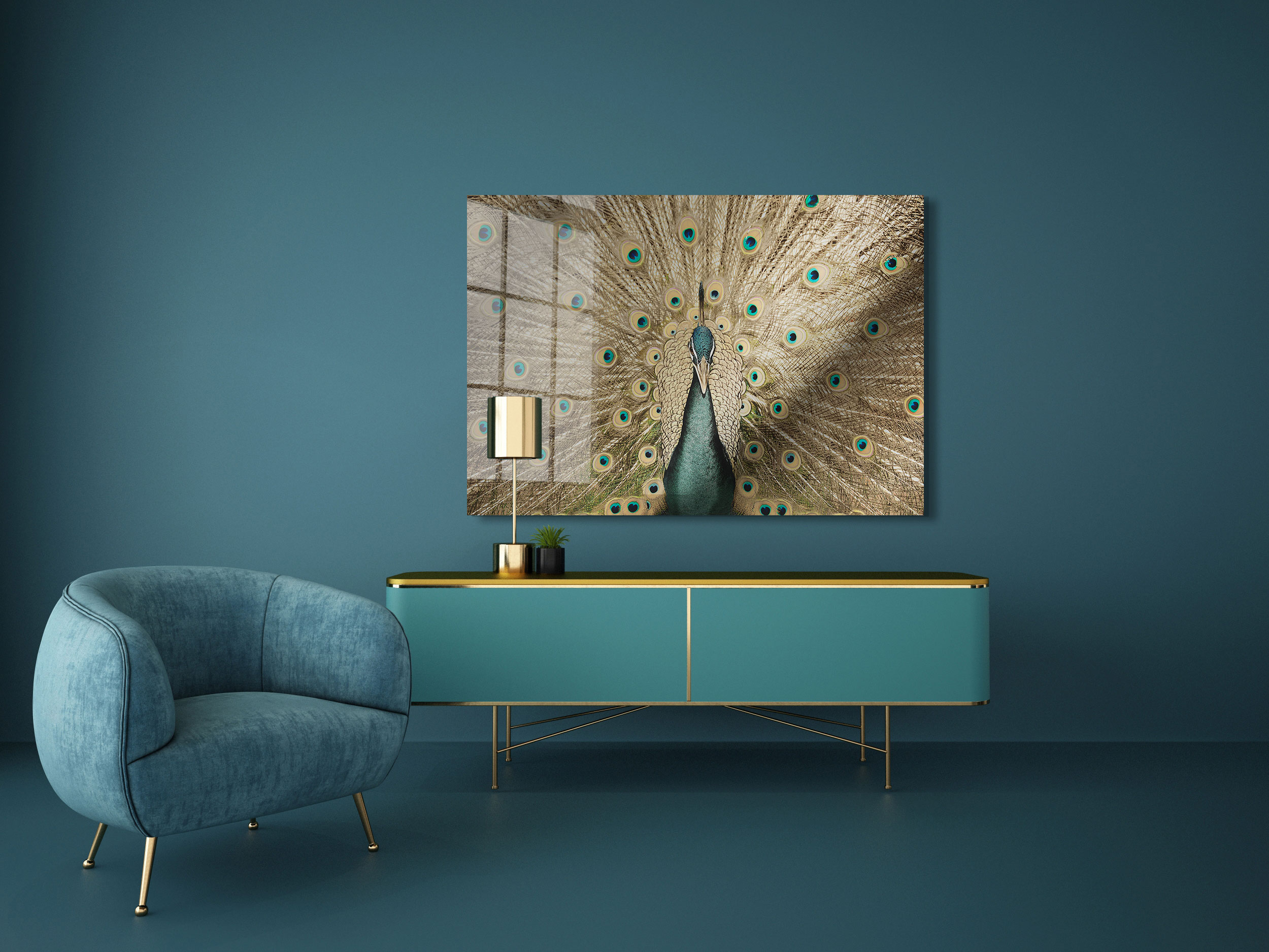 Pauw op glas 70x100