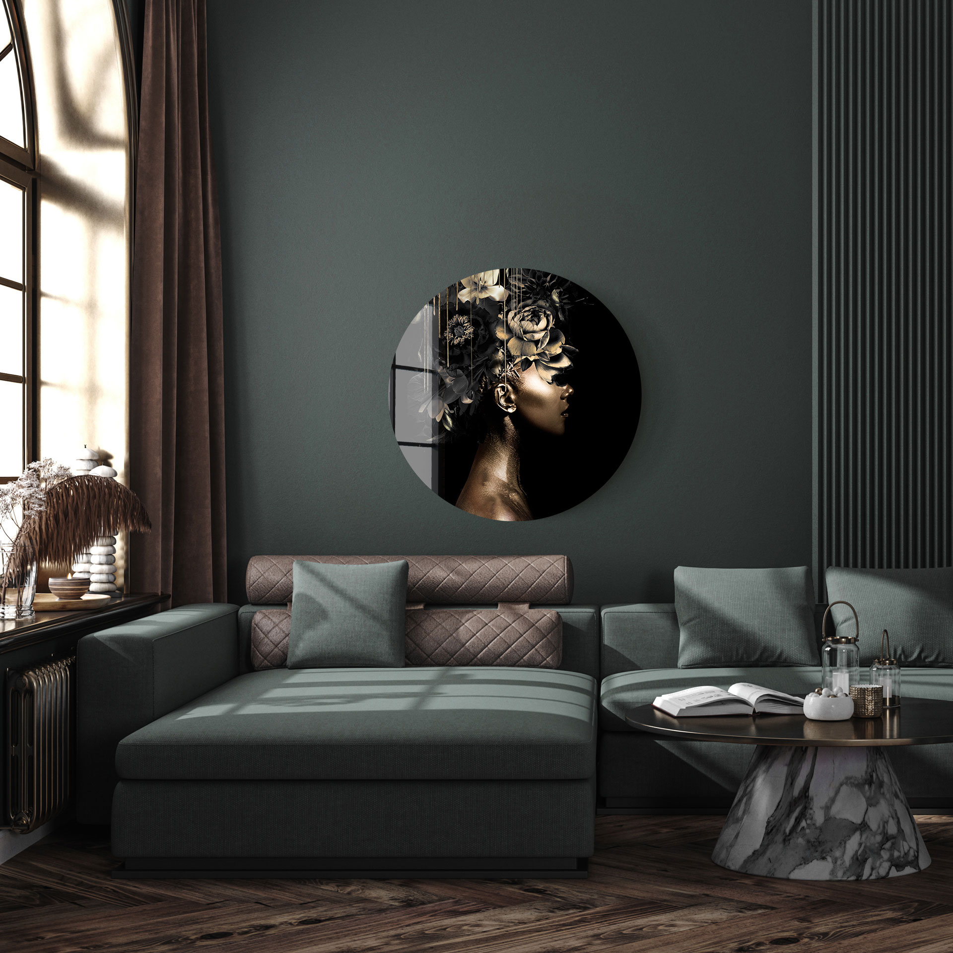 Black gold woman I op glas rond 70cm