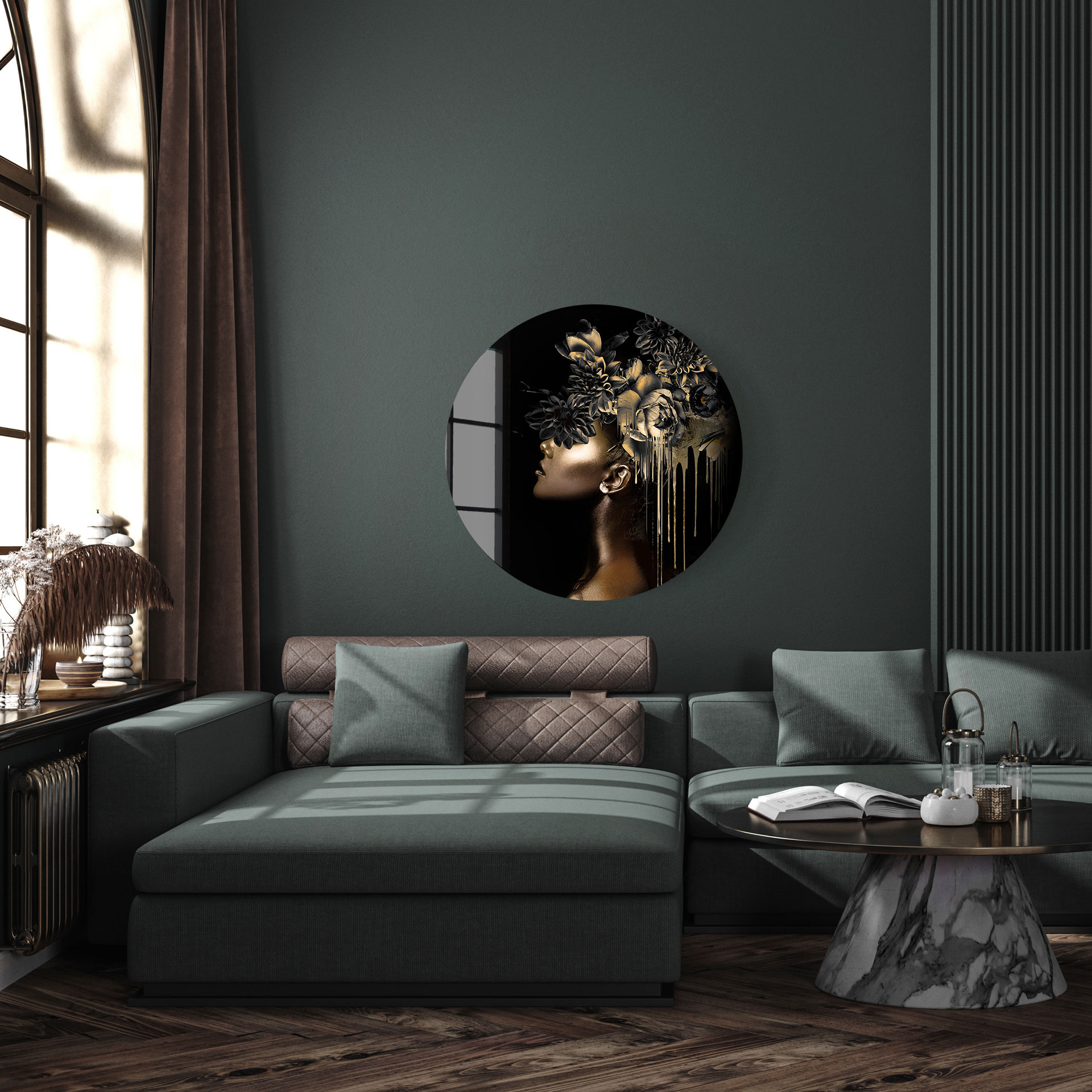 Black gold woman II op glas rond 70cm