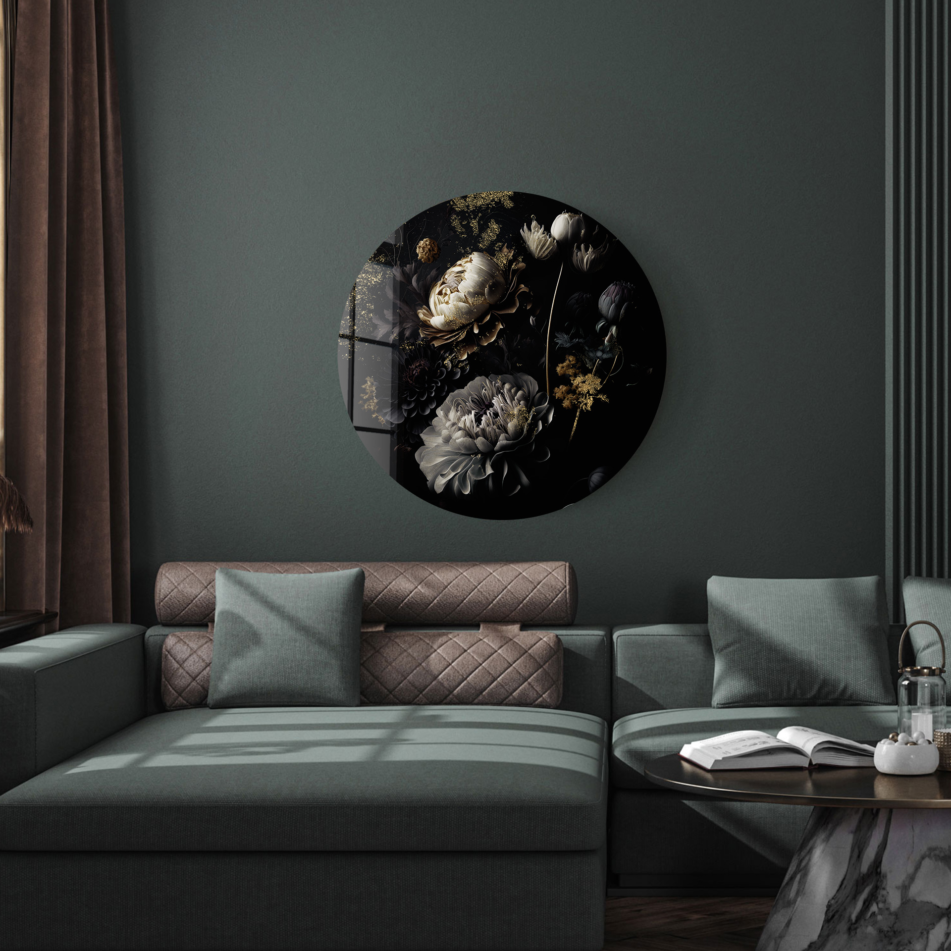 Gold flowers op glas rond 70cm