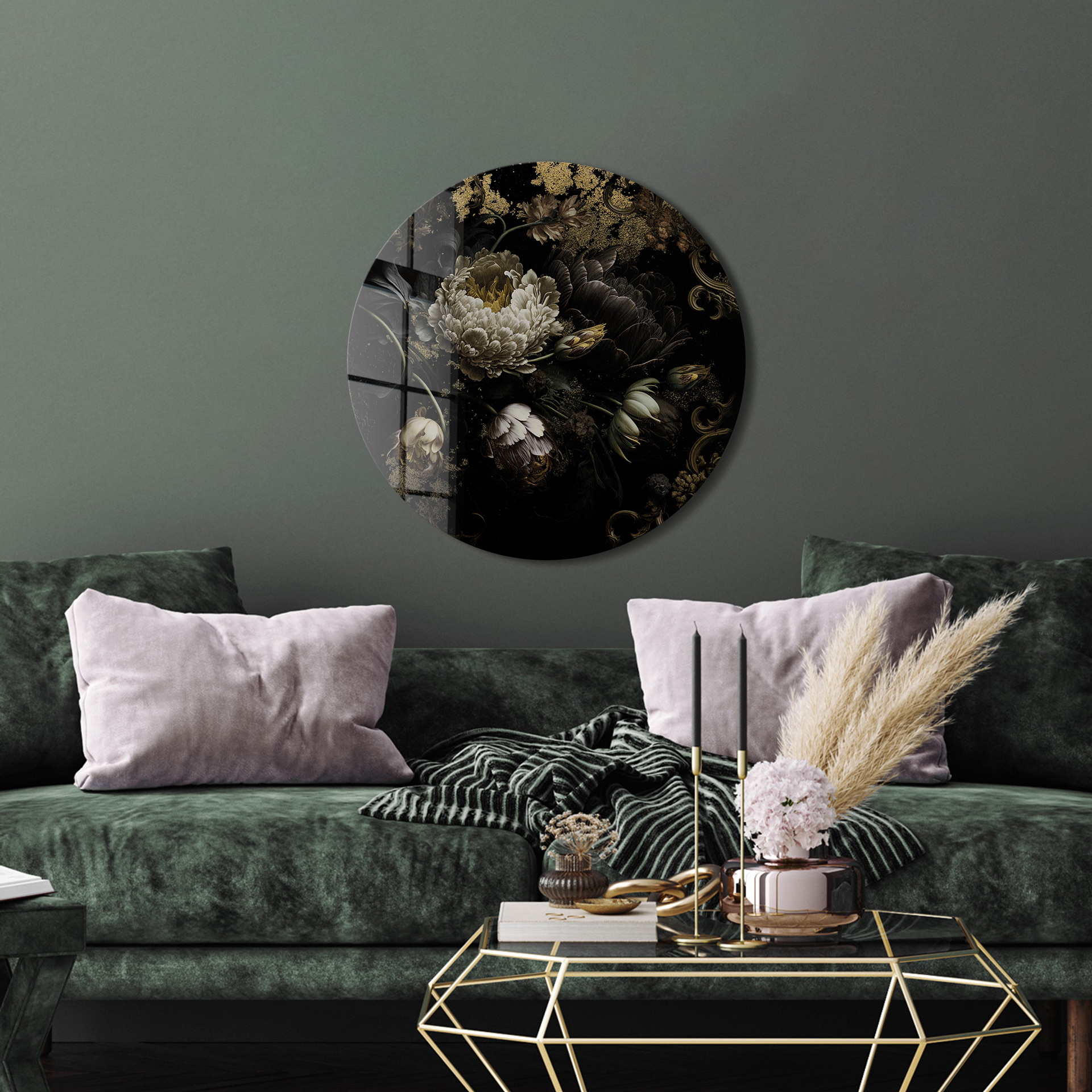 Gold flowers II op glas rond 70cm