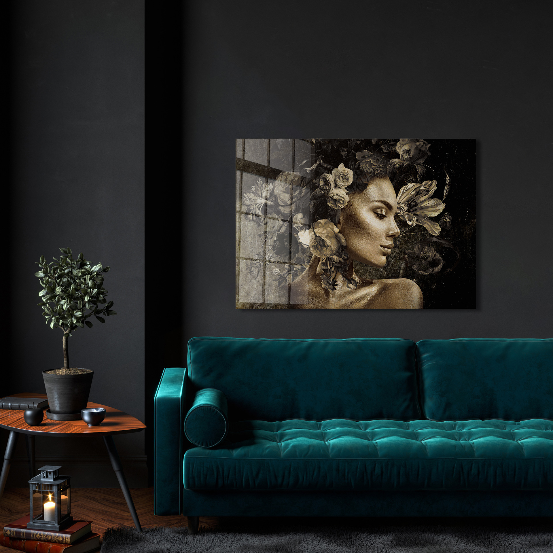 Gold woman with tulips op glas 70x100