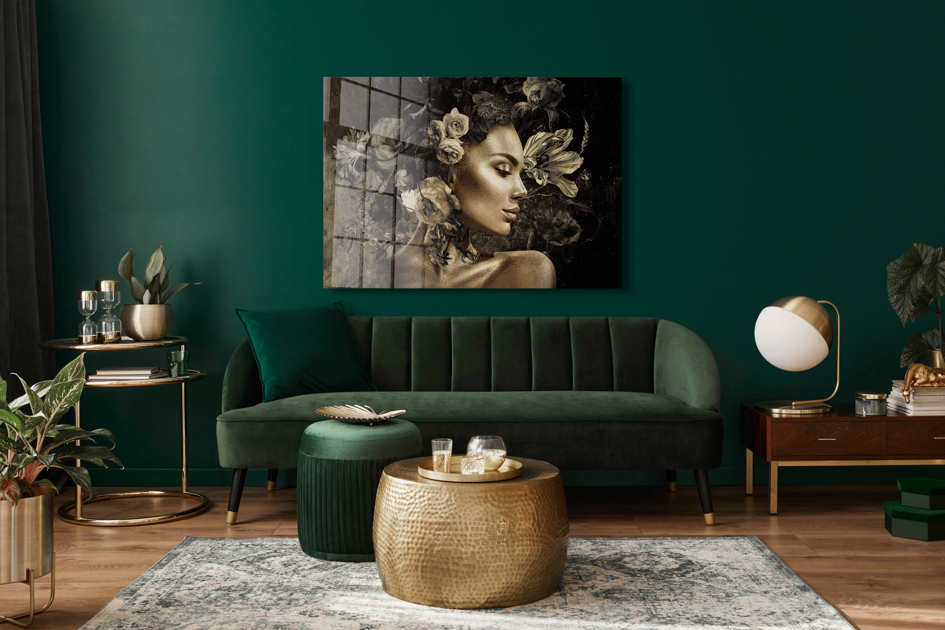 Gold woman with tulips op glas 80x120