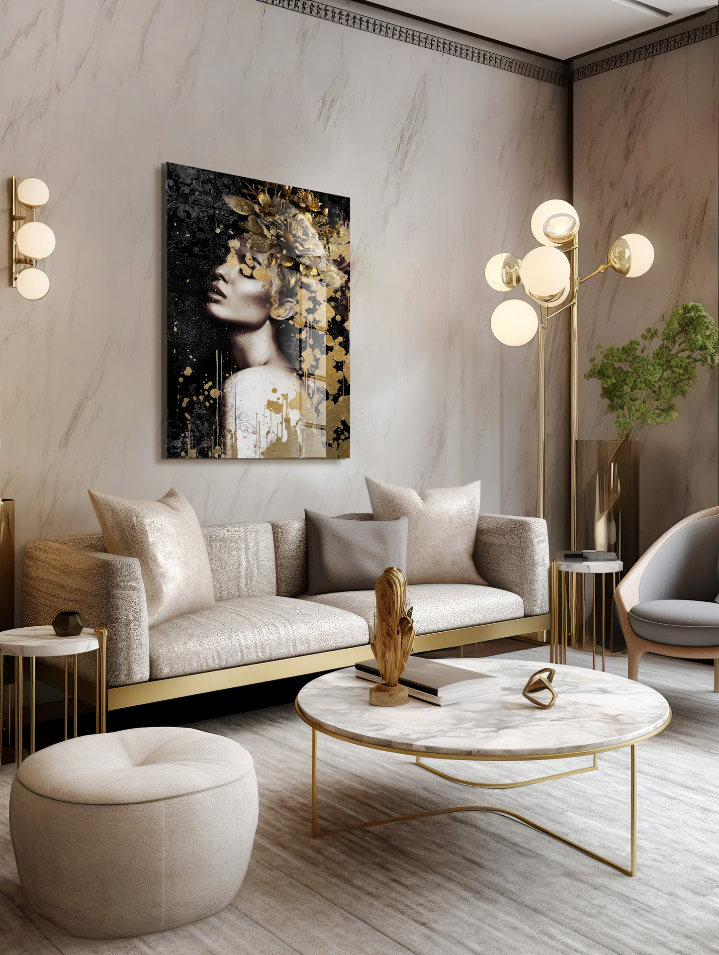 Sparkle gold woman I op glas 70x100