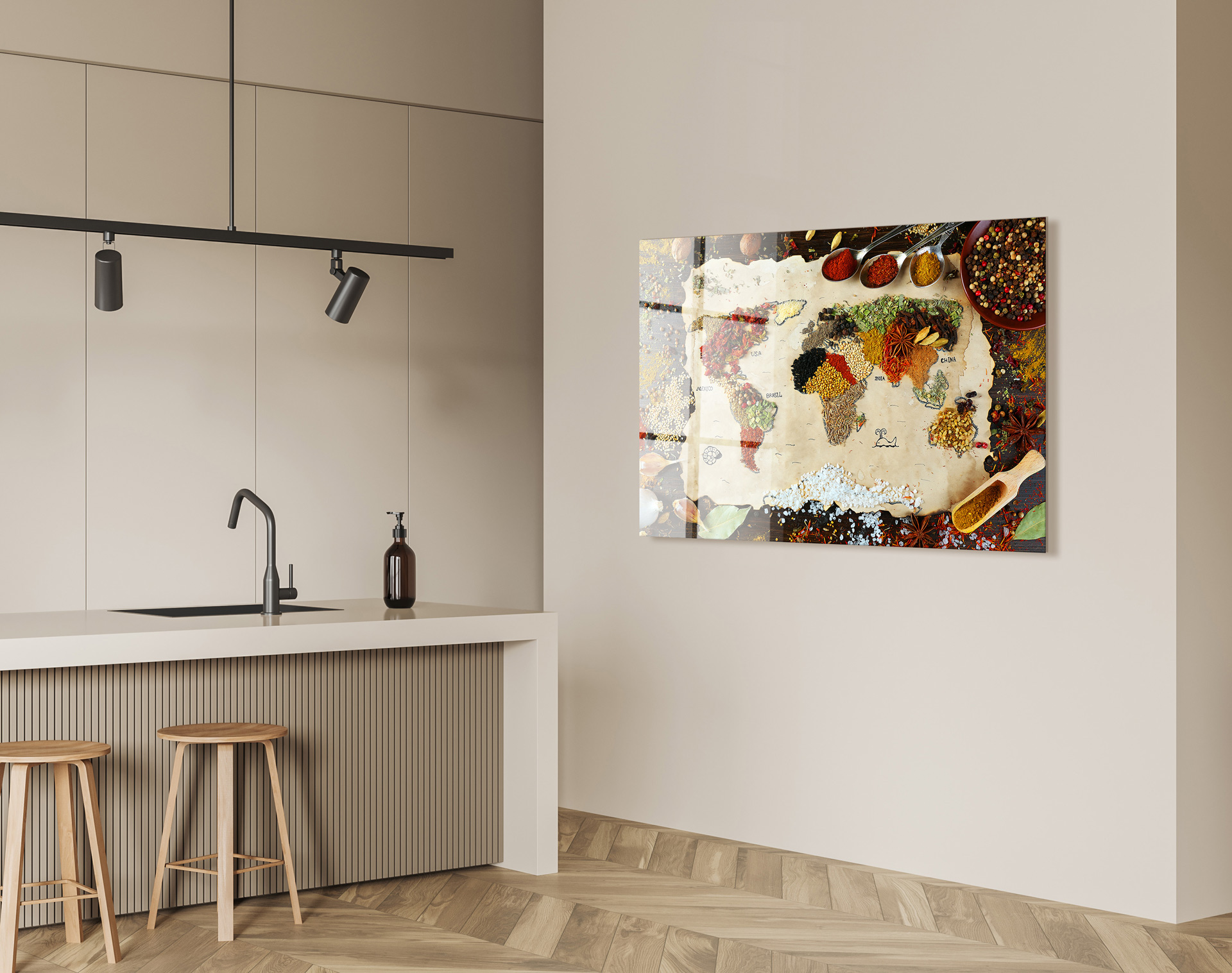 Wereldkaart specerijen op glas 70x100