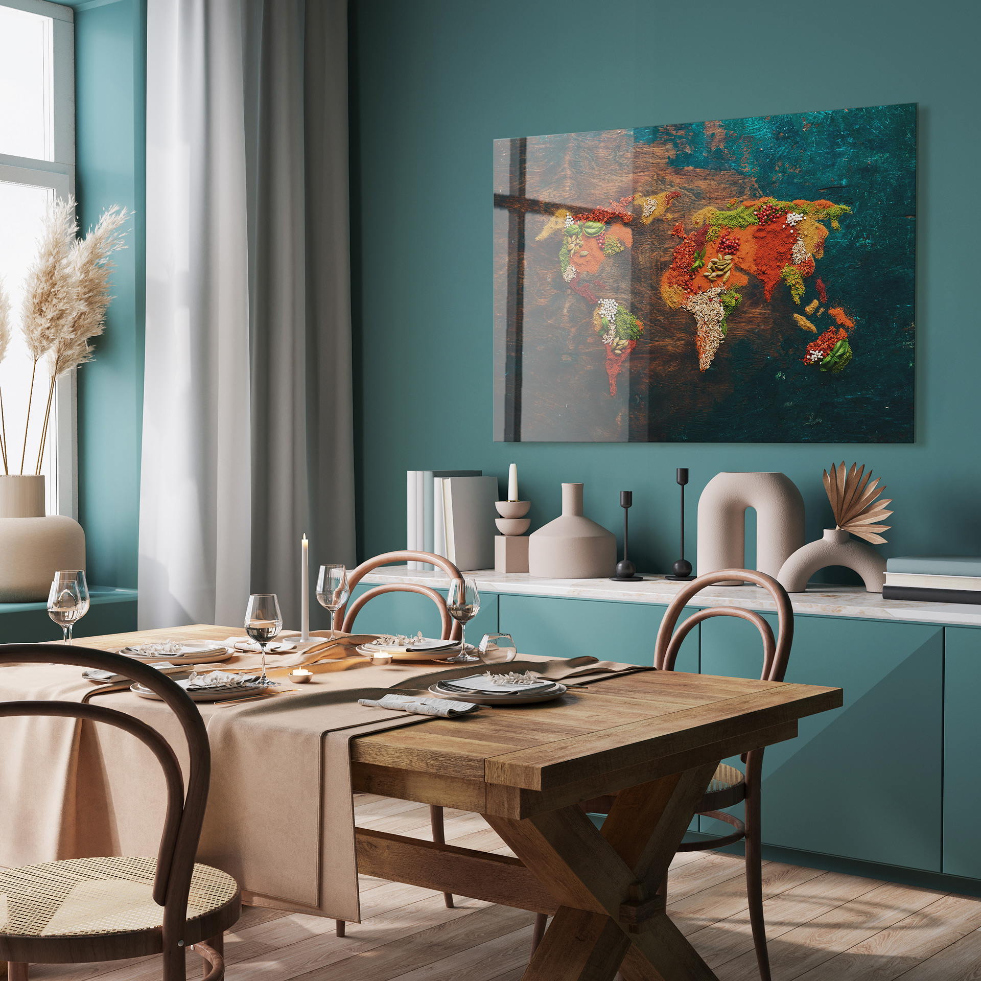 Wereldkaart specerijen II op glas 70x100