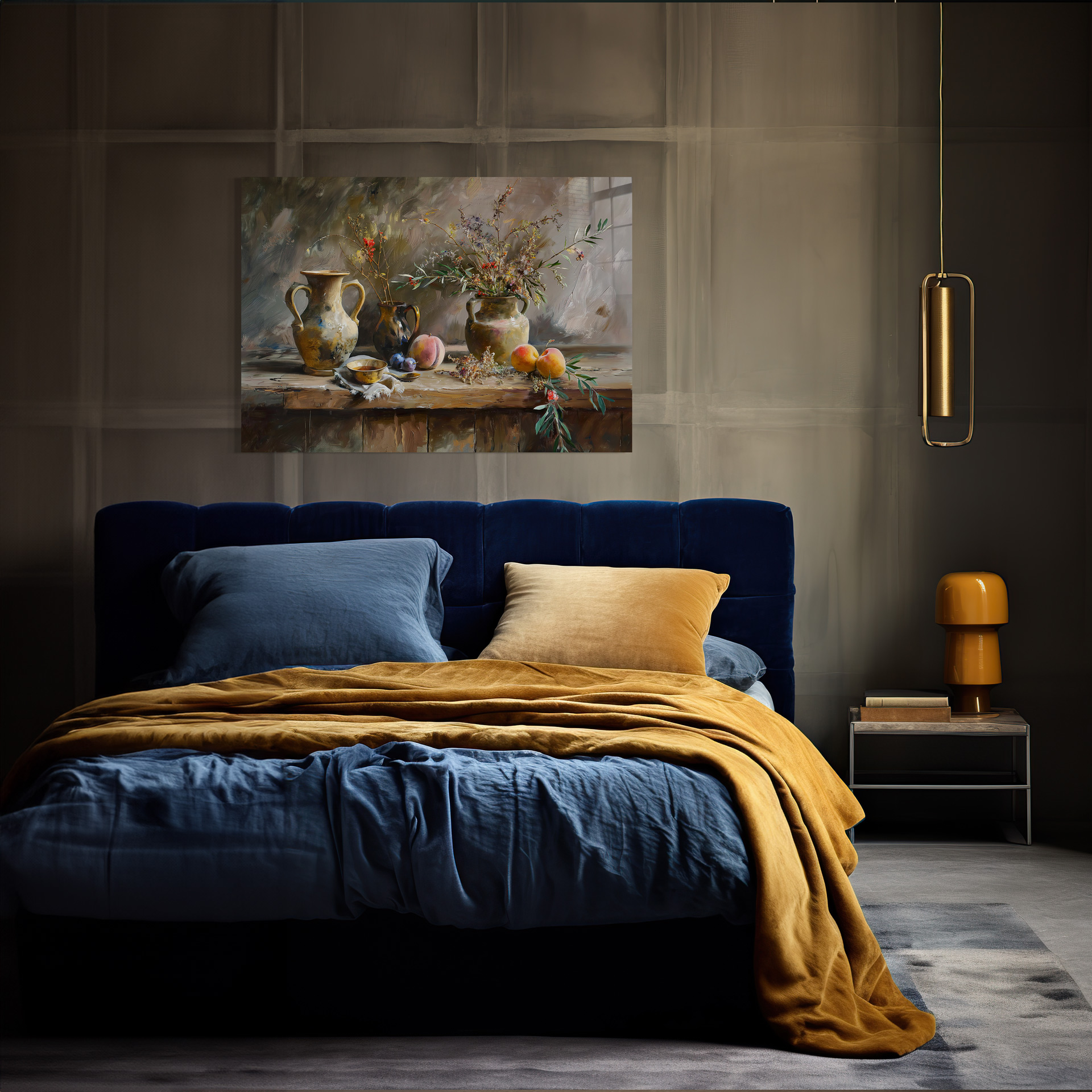 Vijf aardewerken vazen met kleurrijke takken en vruchten staan op een houten tafel, omringd door gedroogde bloemen.