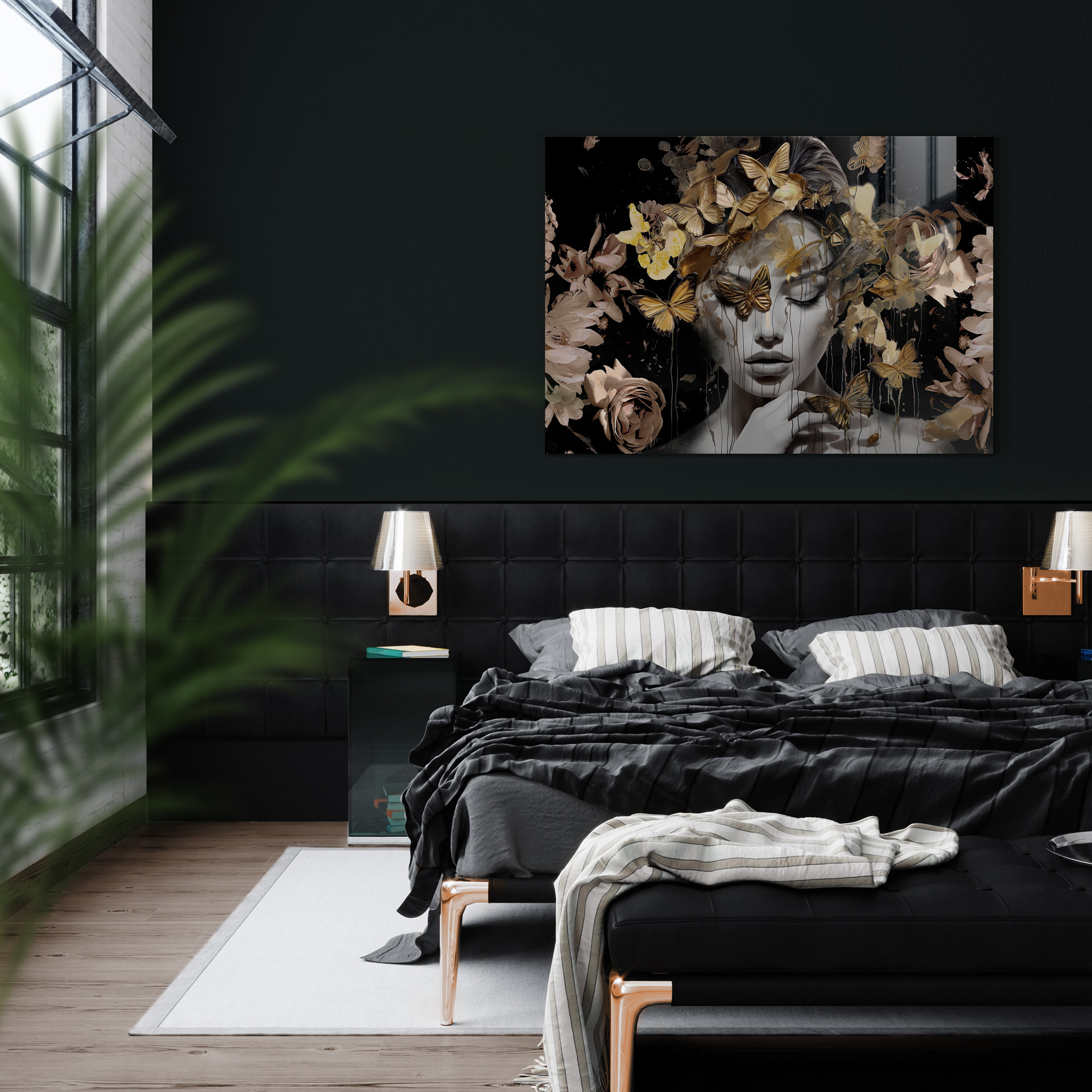 Een sereen portret van een vrouw met een bloemrijke hoed, omringd door gouden vlinders op een zwarte achtergrond.