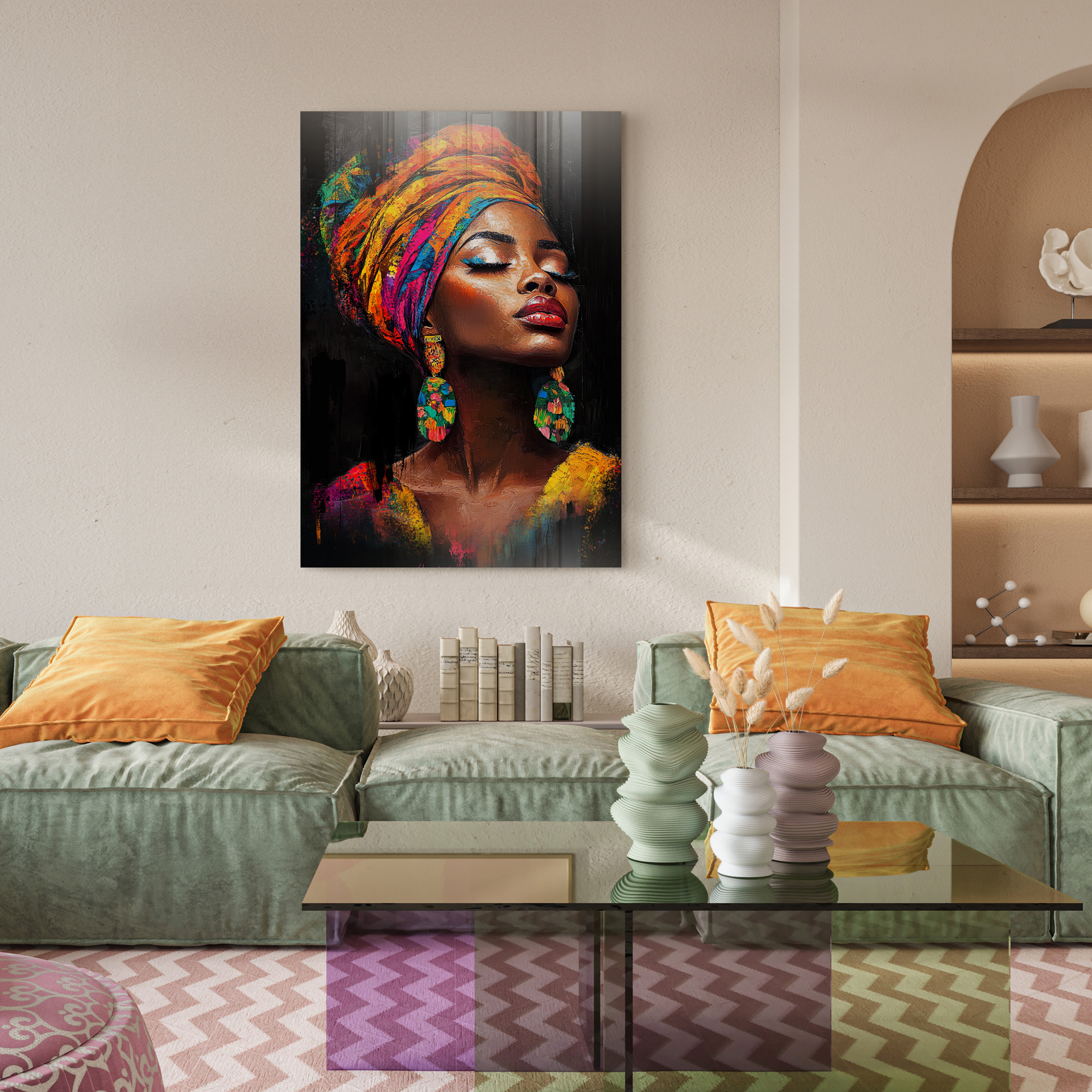 Elegante vrouw met een levendige, kleurrijke hoofddoek en grote, opvallende oorbellen, tegen een donkere achtergrond.