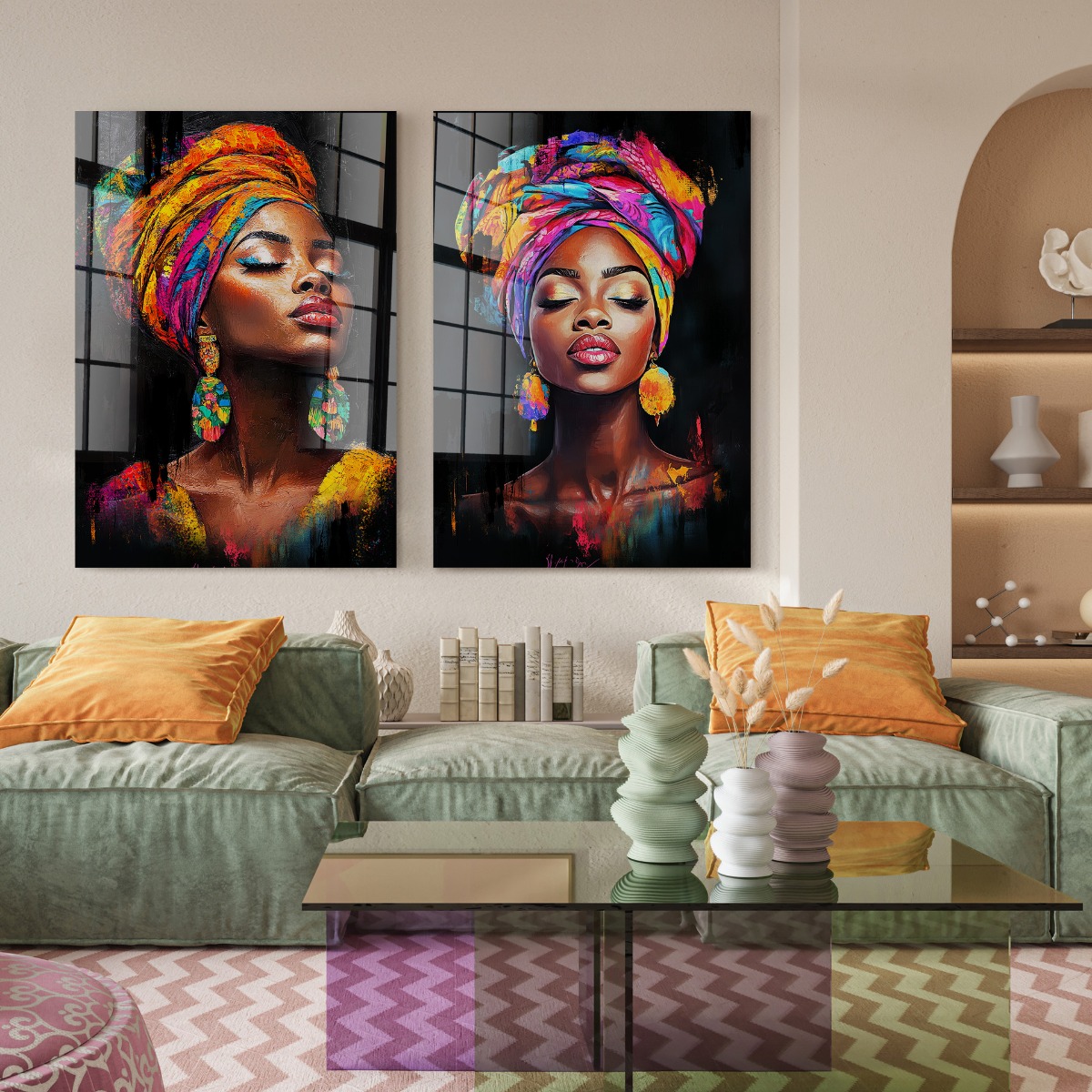 Elegante vrouw met een levendige, kleurrijke hoofddoek en grote, opvallende oorbellen, tegen een donkere achtergrond.