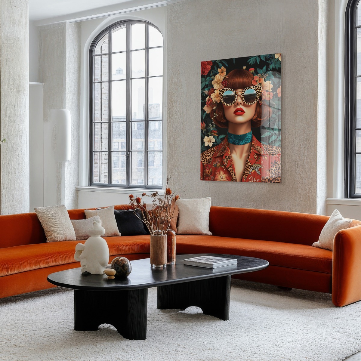 Vintage woman with glasses II op glas 70x100