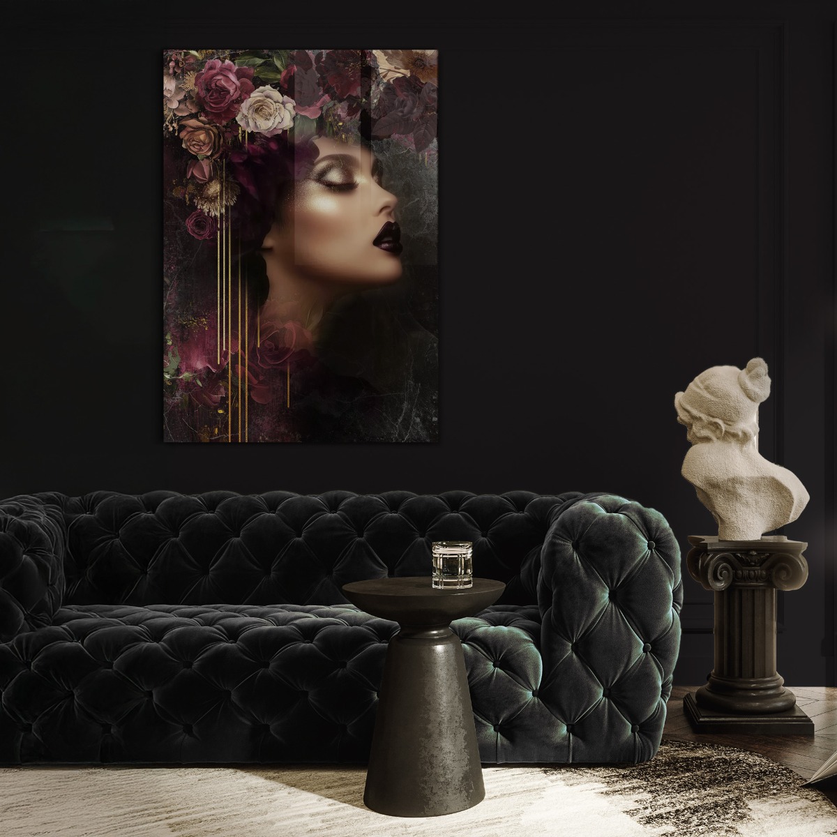 Burgundy gold woman I op glas 70x100