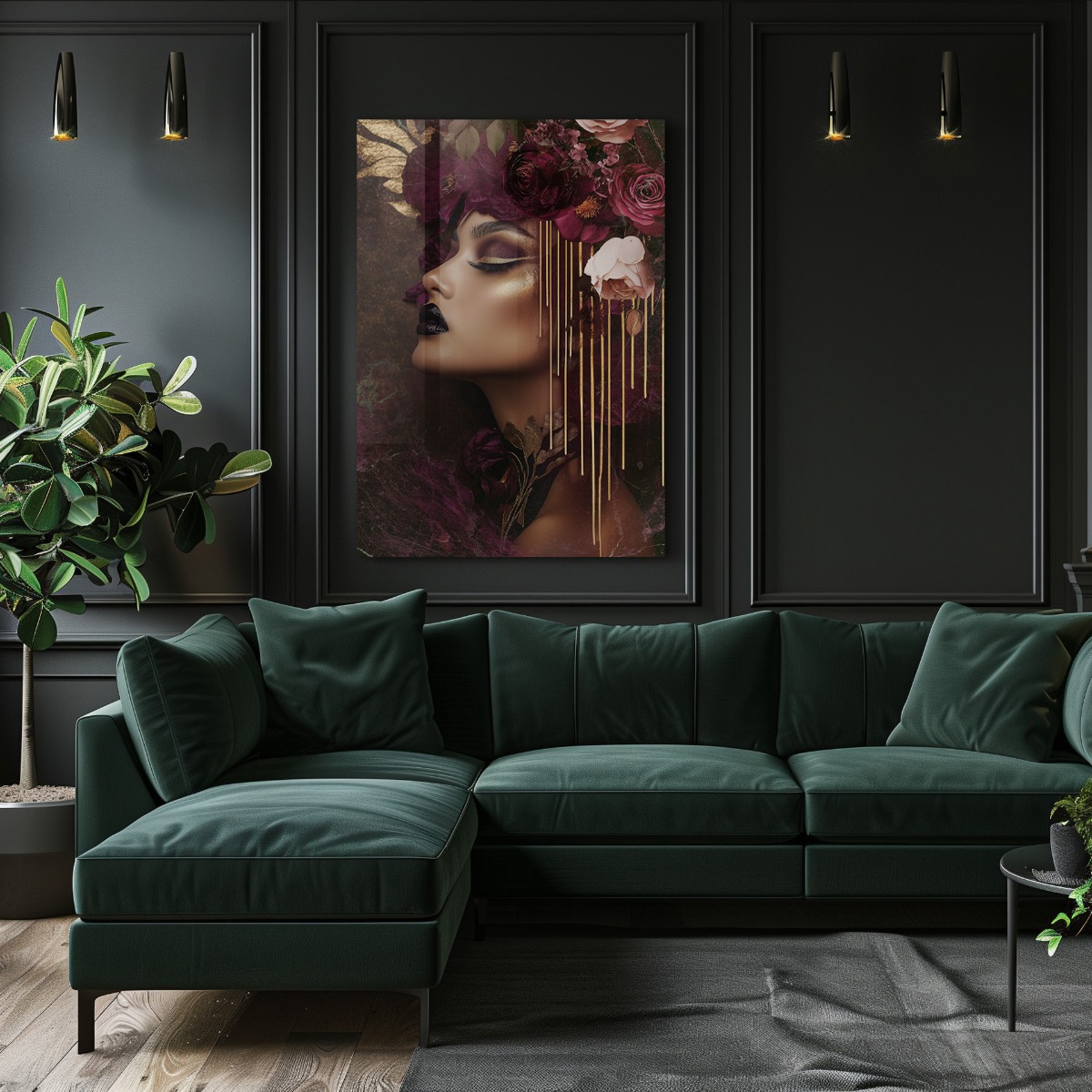 Burgundy gold woman II op glas 70x100