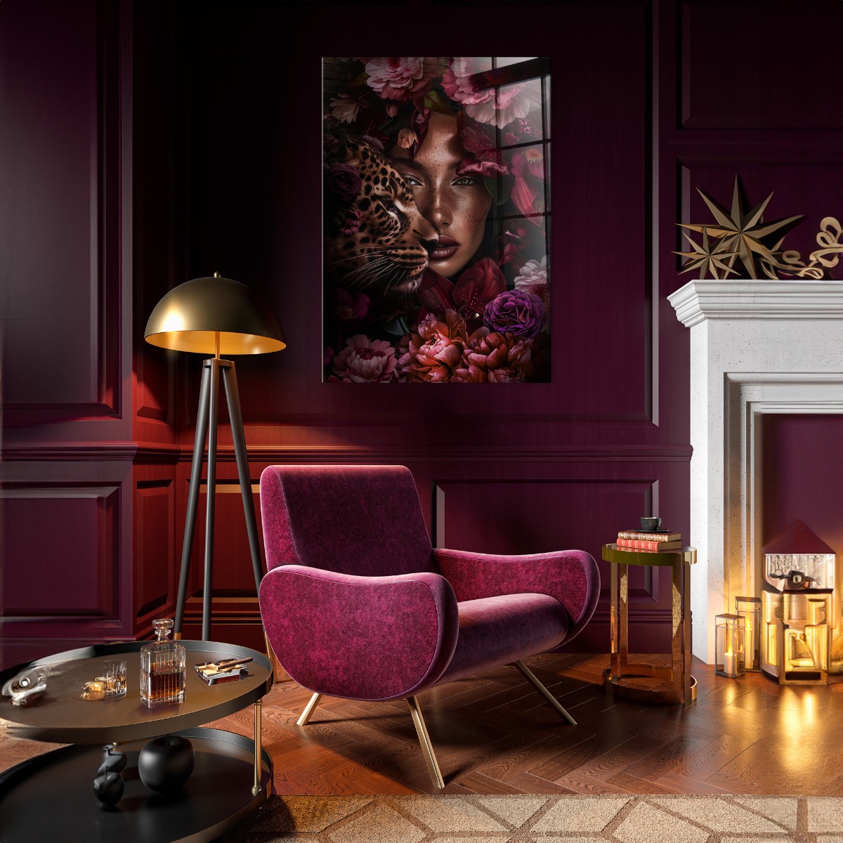Burgundy woman and tiger op glas 70x100