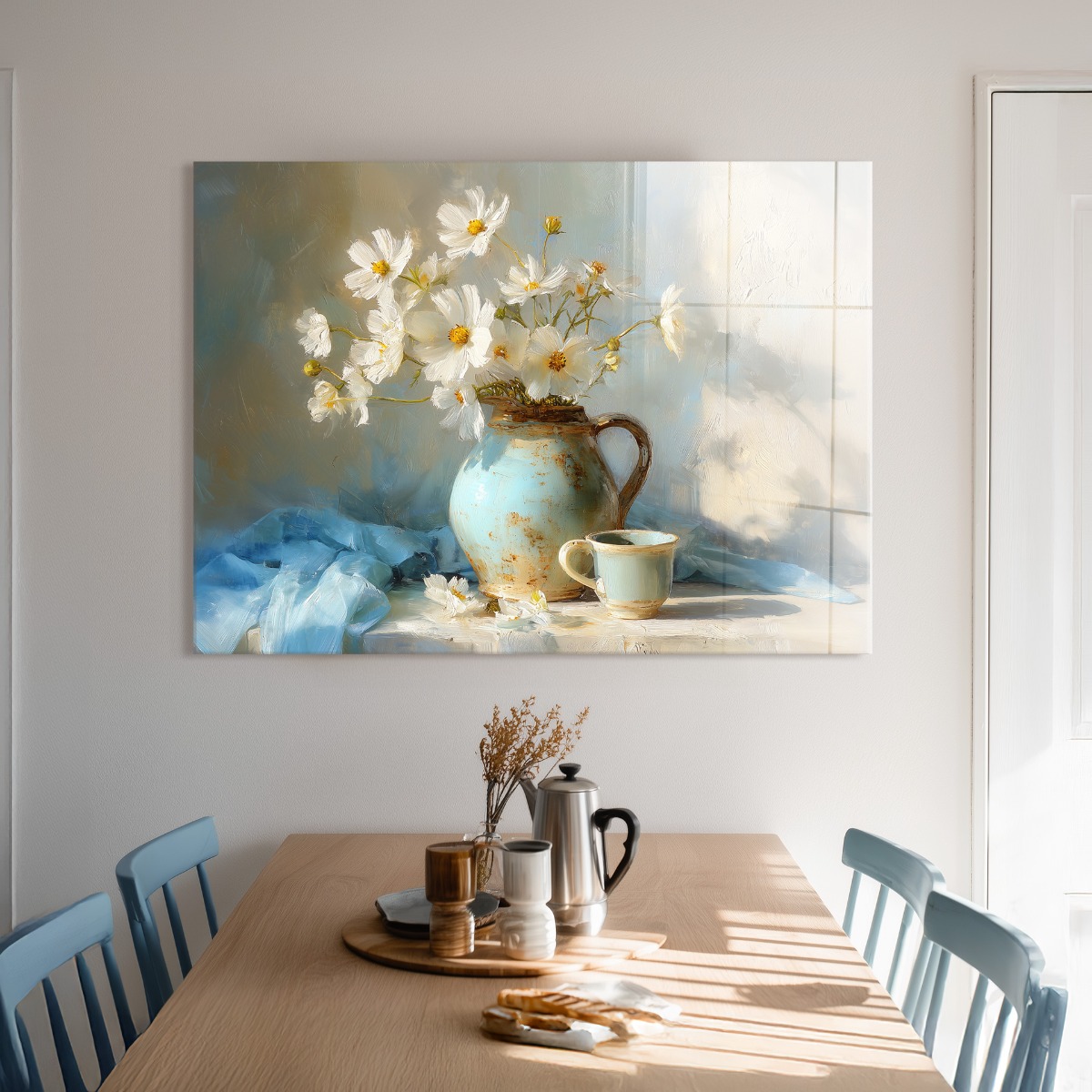 Stilleven waterkan met bloemen op glas 70x100