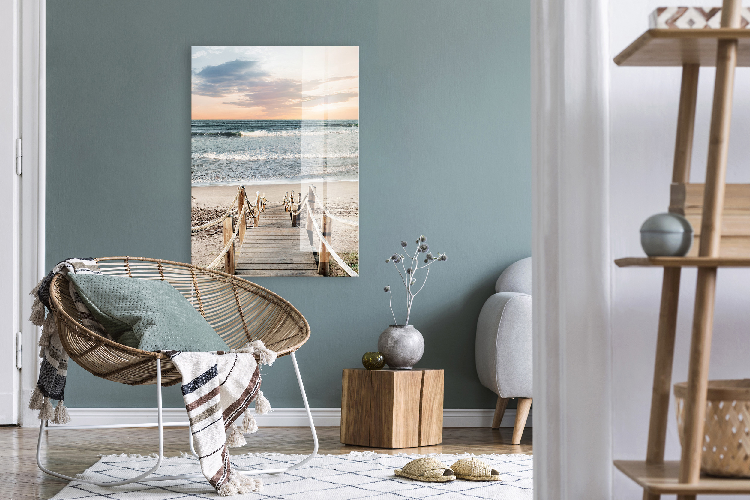 Steiger aan het strand op glas 70x100