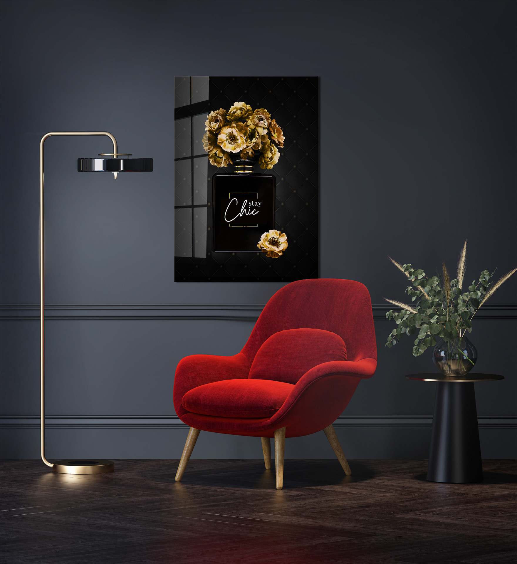 Parfum met bloemen op glas 70x100