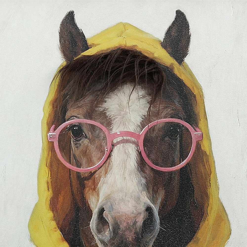 Schilderij grappig paard met fluffy haar 60x60