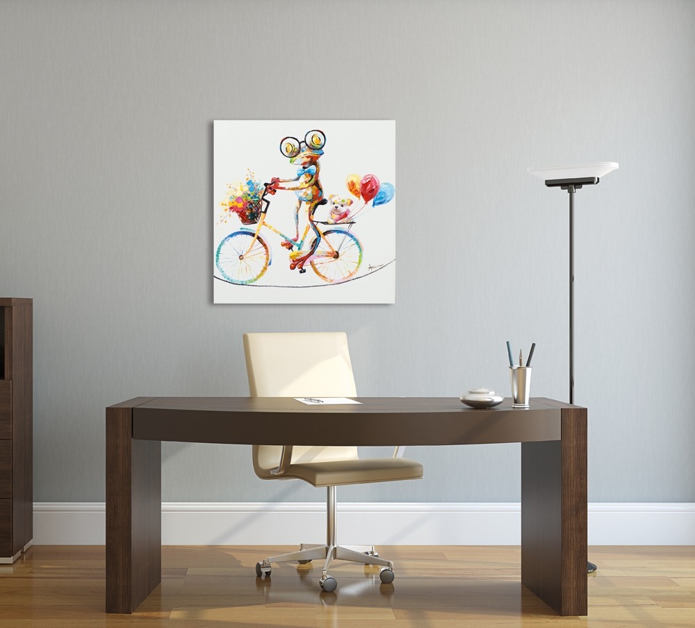 schilderij kikker op fiets 70x70