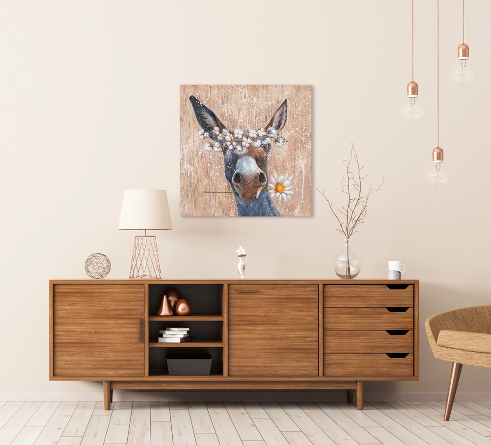 Schilderij fleurige ezel 70x70