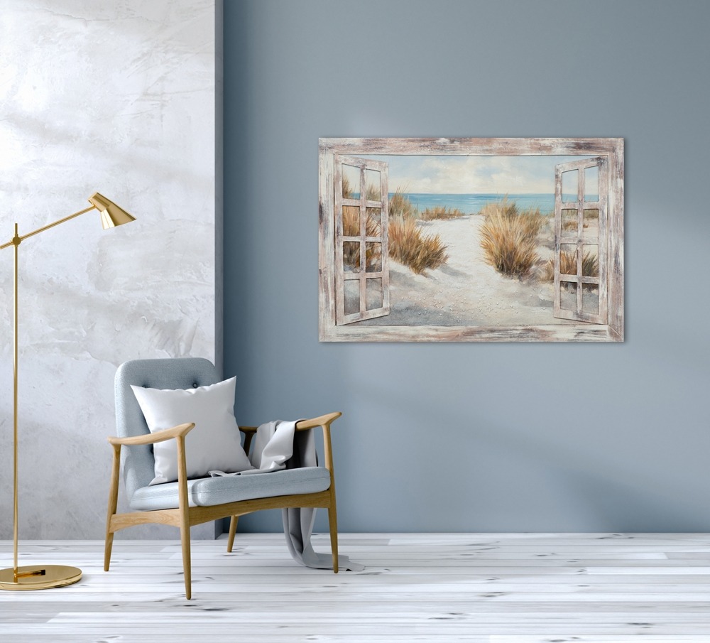 Schilderij strand door raam 80x120
