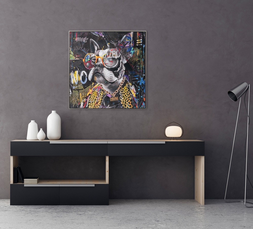 Schilderij bull dog met lijst 82x82