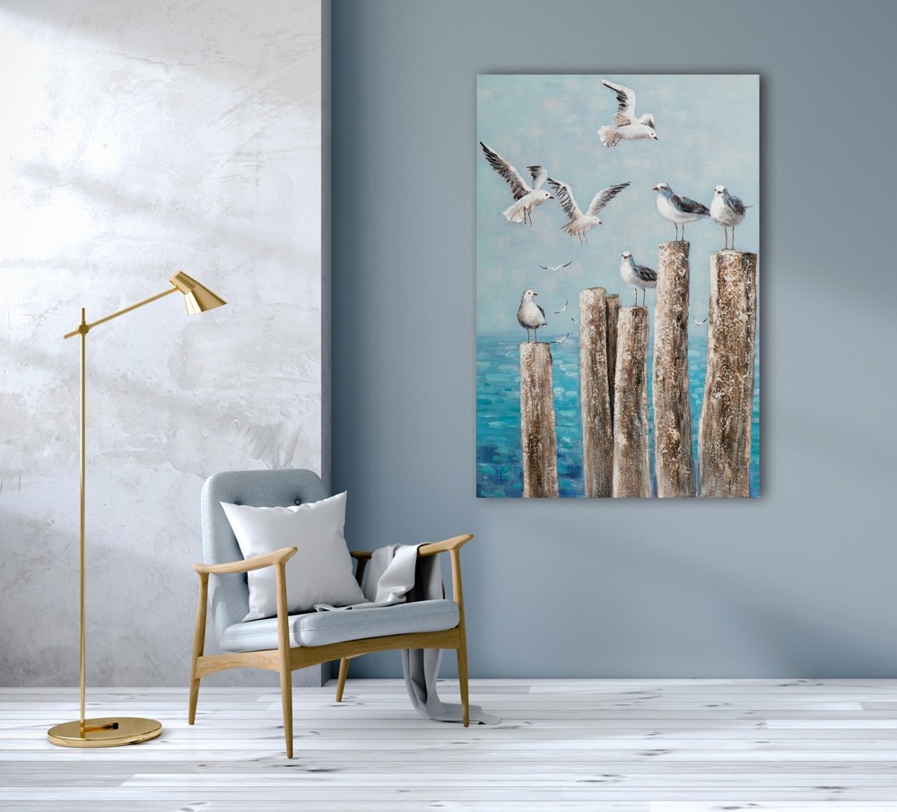 Schilderij meeuwen aan zee 100x150