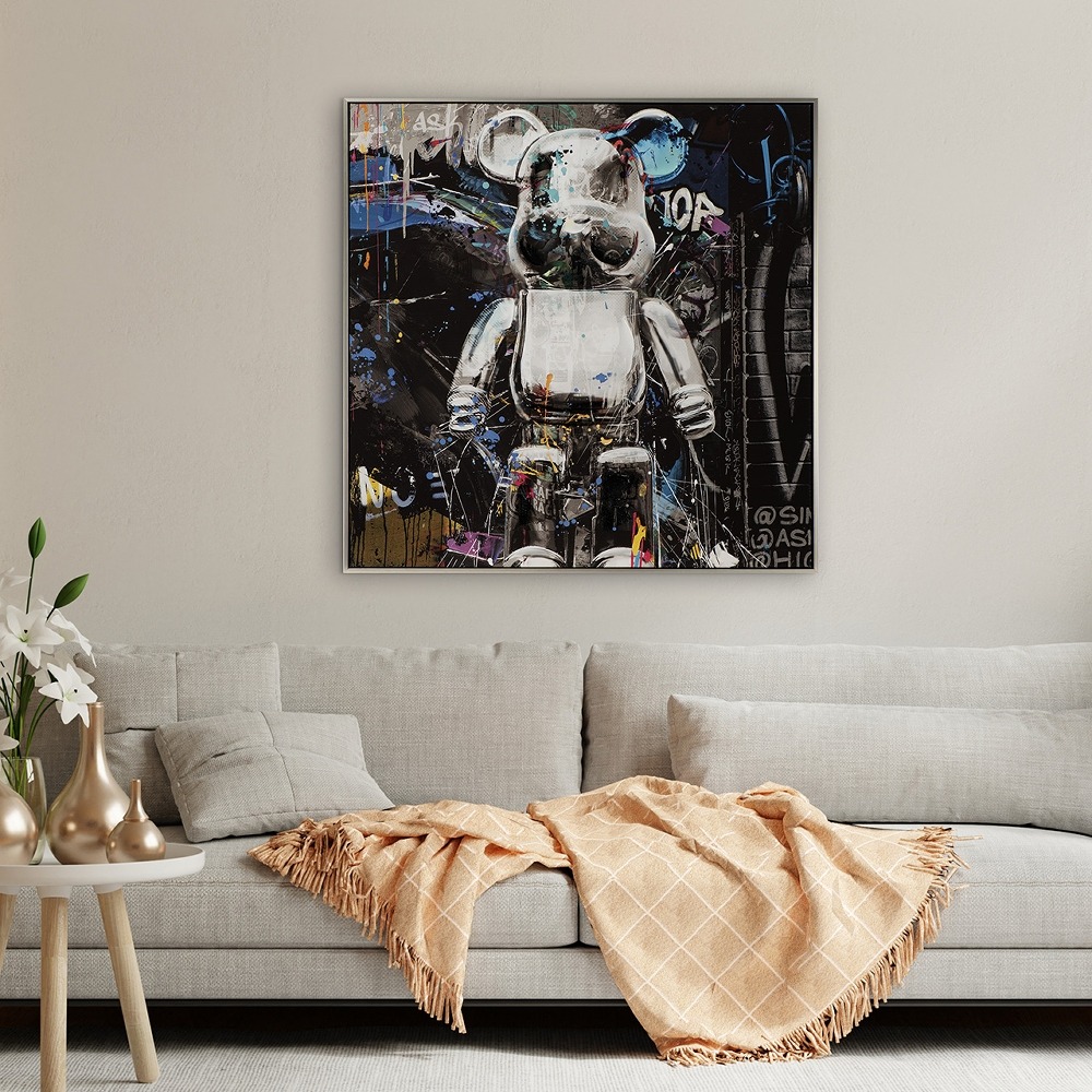 Schilderij pop art silver bear met lijst 80x80