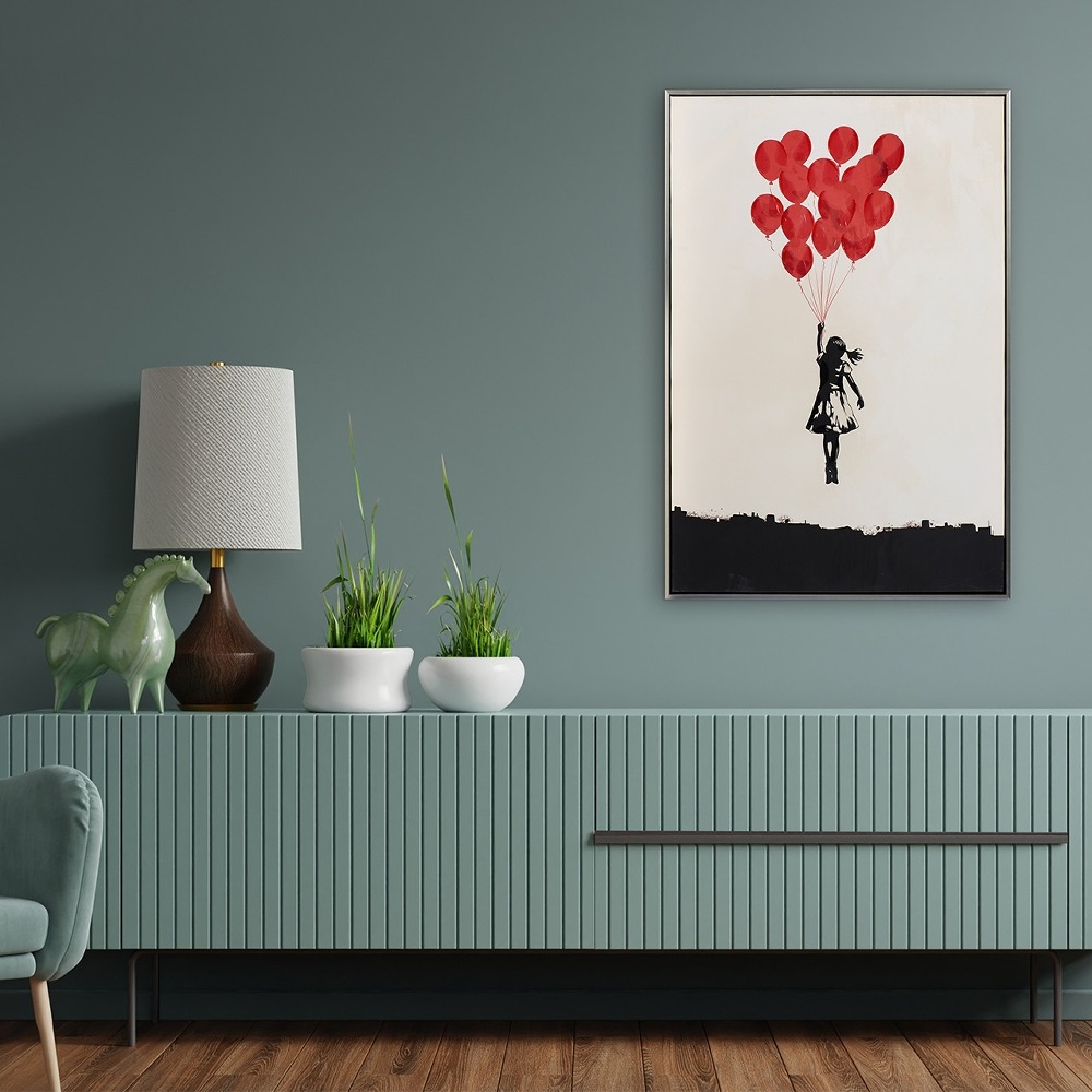 Schilderij flying ballon girl met lijst 60x90