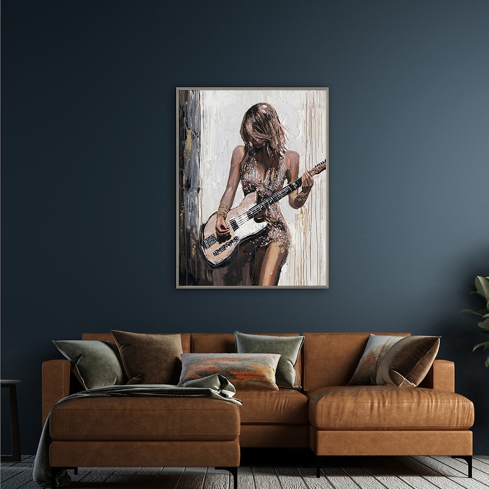 Schilderij vrouw met gitaar met lijst 90x120 