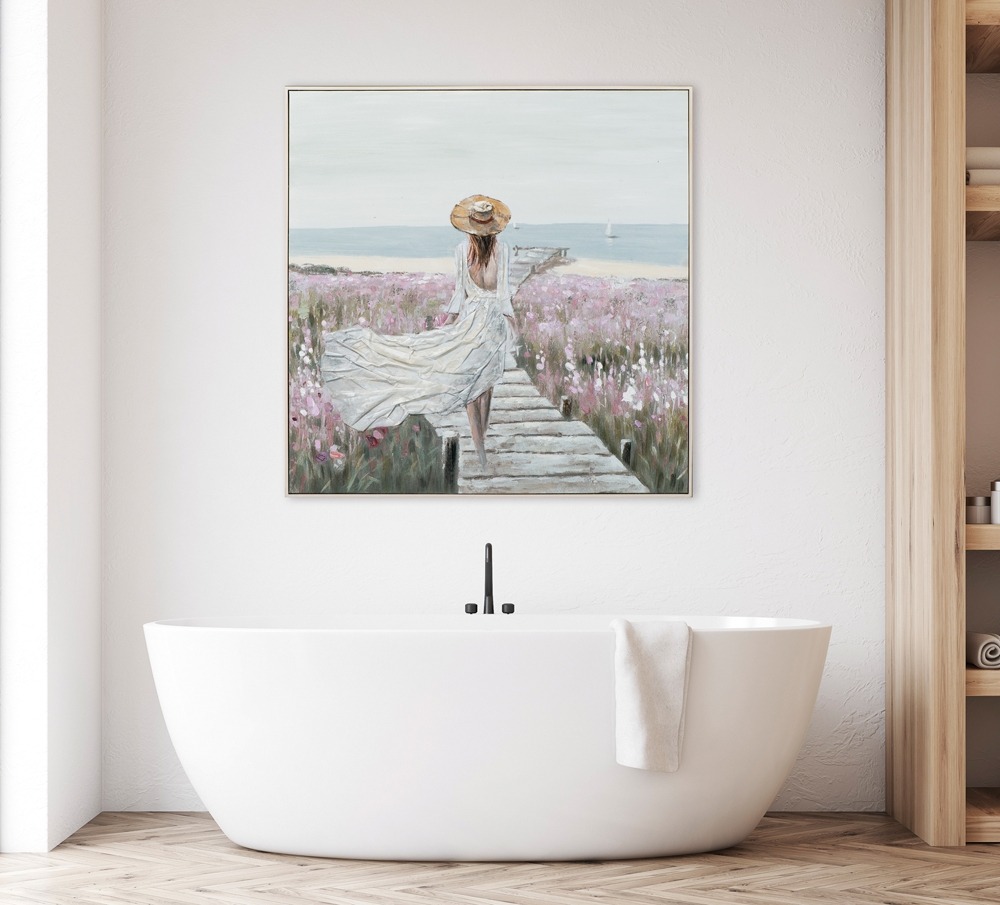 Schilderij vrouw aan strand met lijst 100x100
