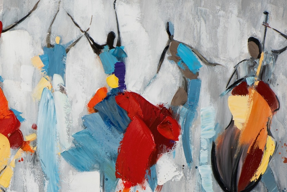 Zes abstracte figuren dansen en spelen muziekinstrumenten, met levendige kleuren zoals blauw, geel en rood tegen een grijze achtergrond.