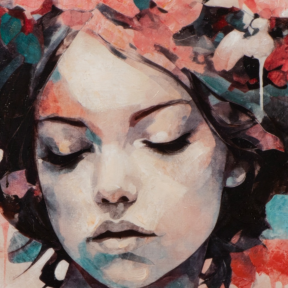 Een vrouw met een bloemenkrans en gouden sieraden, met een kunstzinnig versierde rug en vleugels als tattoo.