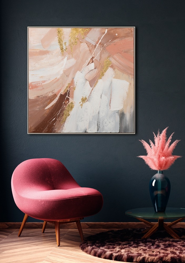 Abstract schilderij met concentrische cirkels in zwart, bruin en wit op een grijze achtergrond, met textuur en dynamische penseelstreken.