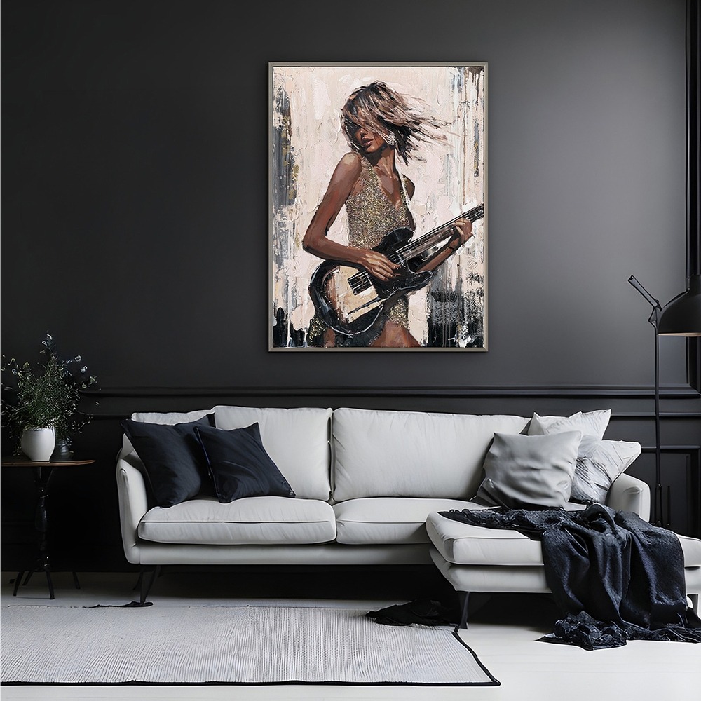 Schilderij vrouw met gitaar met lijst II 90x120 