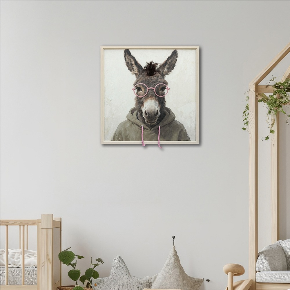 Schilderij grappige ezel met fluffy haar 60x60