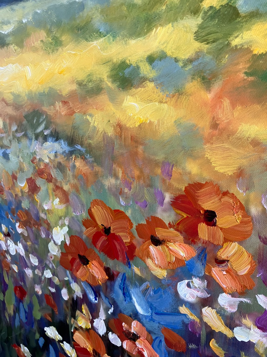 Schilderij bloemenveld landschap 100x100