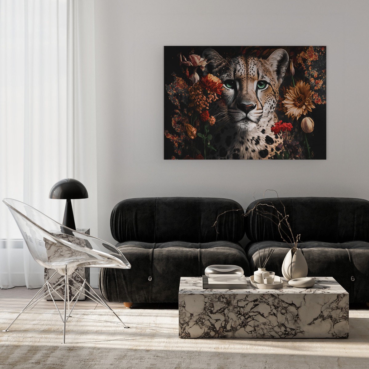 Panter met bloemen op canvas 100x150