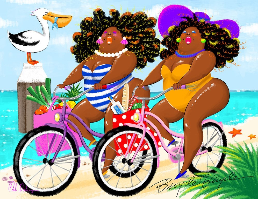 zomer schilderijen vrouw fiets